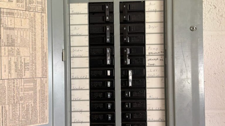 A labelled residential breaker panel, the first place to look when part of a house loses power.