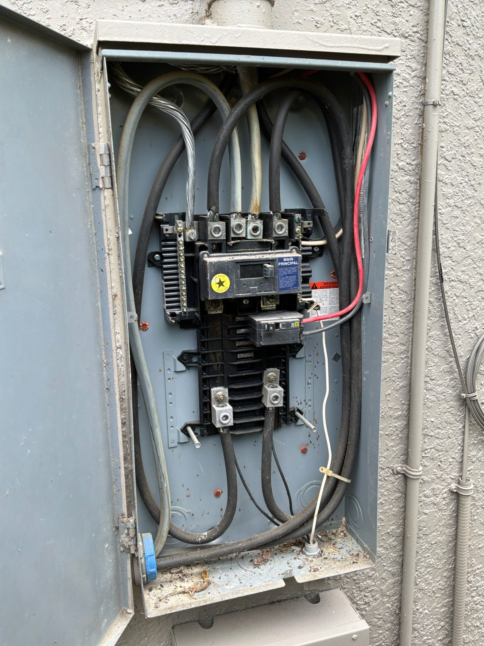 Exterior meter panel with main disconnect and large gauge service cables, showing electrical service entry point.