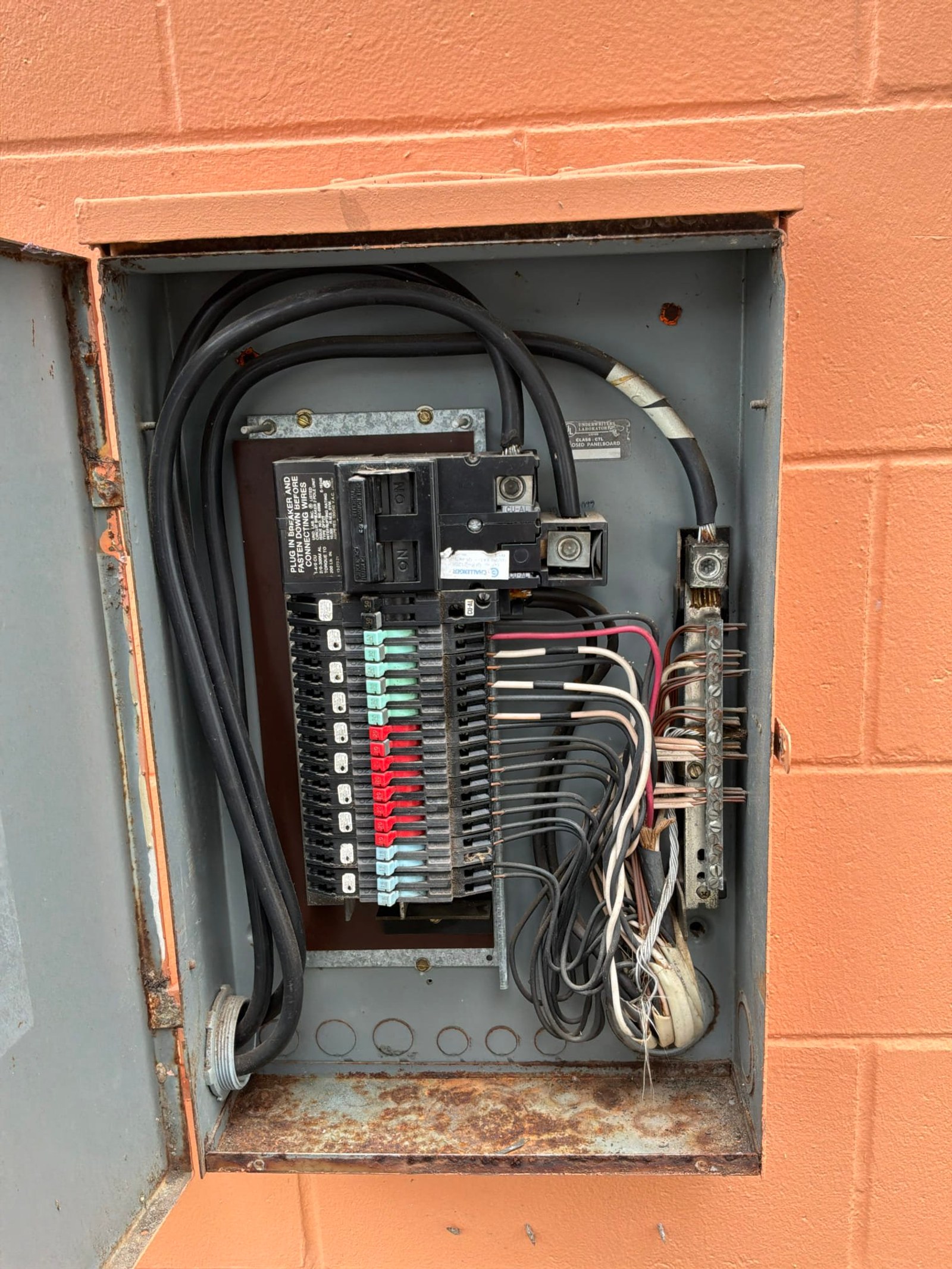 The inside of an electrical panel documented on a Panel Service/Repair job in Orlando, FL.