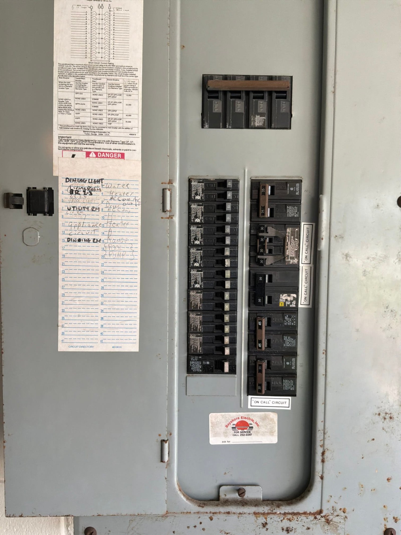 Electrical panel documented on a Pool Wiring job in Port Orange, FL.